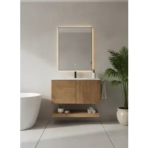 Imagine Set mobilier baie 80 cm, din lemn cu design geometric & oglinda LED