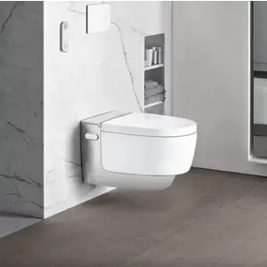 Imagine Vas wc suspendat, cu functie de bideu, capac soft close, alb – crom lucios, Geberit AquaClean, Mera Comfort