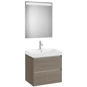 Imagine Set mobilier baie, masca 65 cm, lavoar si oglinda LED, Roca Ona maro