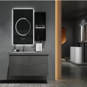 Imagine Set mobilier baie suspendat Kyoto cu lavoar si dulap cu oglinda LED, gri