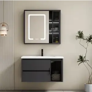 Imagine Set complet mobilier baie suspendat Aveline 80 cm, cu lavoar si dulap cu oglinda LED, gri