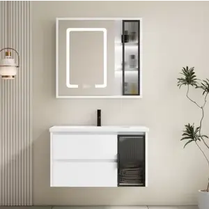 Imagine Set complet mobilier baie suspendat Aveline 80 cm, cu lavoar si dulap cu oglinda LED, alb