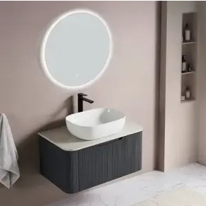 Imagine Set complet mobilier baie Milano suspendat 60 cm, cu lavoar si oglinda LED rotunda, gri