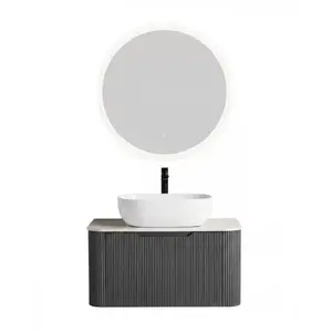 Imagine Set complet mobilier baie suspendat Milano cu lavoar si oglinda LED rotunda – Gri