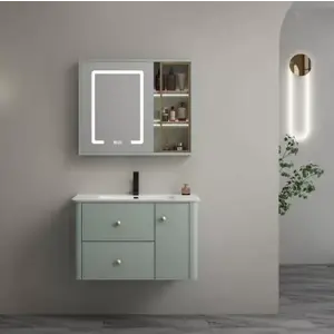 Imagine Set complet mobilier baie suspendat Serena 80 cm, cu lavoar si dulap cu oglinda LED, verde fistic