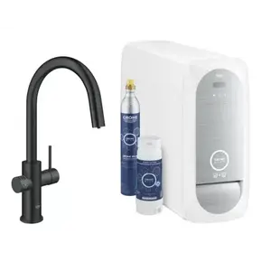 Imagine Baterie de bucatarie Grohe Blue Home, 3/8'', pipa inalta, Tip C, filtrare, racire, apa carbogazoasa, dus, Smart, mat, negru