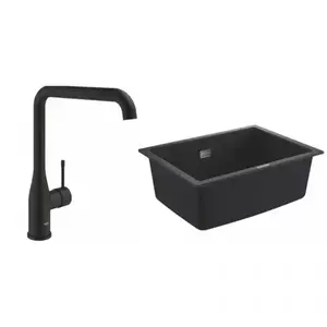 Imagine Set chiuveta Grohe K700 din granit 61x46 cm negru si Baterie bucatarie negru mat Grohe Essence pipa pivotanta