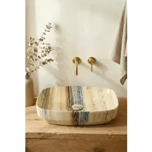Imagine Lavoar ceramic marmorat lucios, crem cu vene gri și aurii, cu ventil inclus