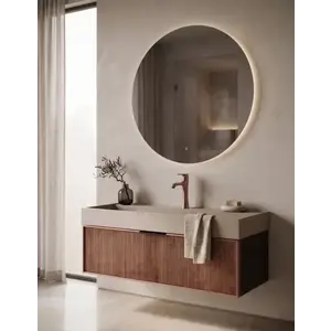 Imagine Set mobilier baie suspendat din lemn 120 cm, cu lavoar si oglinda LED