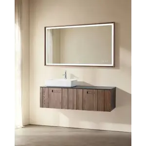 Imagine Set mobilier baie suspendat din lemn 140 cm, cu lavoar si oglinda LED cu rama din lemn