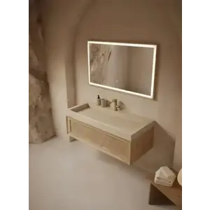 Imagine Set mobilier baie suspendat din lemn 120 cm, cu lavoar si oglinda LED cu rama