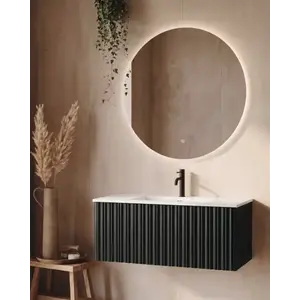 Imagine Set mobilier baie suspendat negru 100 cm, cu lavoar si oglinda LED