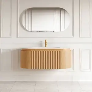 Imagine Set mobilier baie suspendat din lemn 100 cm, cu lavoar si oglinda LED