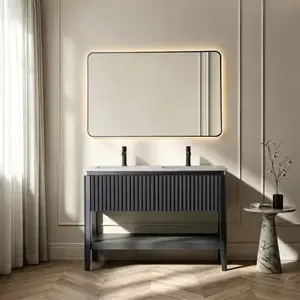 Imagine Set mobilier baie pe pardoseala 120 cm, cu doua lavoare si oglinda LED cu rama neagra