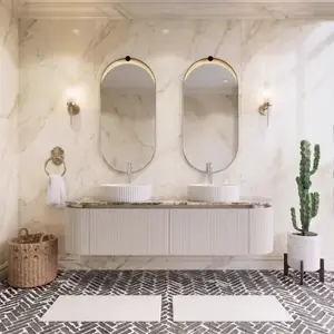 Imagine Set mobilier baie dublu suspendat 160 cm cu blat marmorat, lavoare ceramice si oglinzi LED