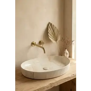 Imagine Lavoar ceramic oval, design marmorat crem lucios cu vene aurii, ventil inclus