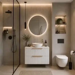 Imagine Mobilier suspendat pentru lavoar pe blat Fluminia Istria 80, front riflat, 80x46 cm, alb mat si manere aurii