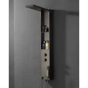 Imagine Panel de dus multifunctional Gun Metal 140 cm din inox, cu para fixa tip ploaie, dus de mana si rafturi integrate