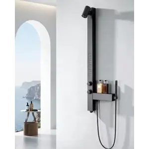 Imagine Panel de dus Black Premium 140 cm, cu polita integrata, hidromasaj si cap de dus reglabil