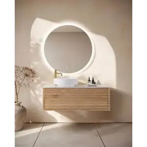 Imagine Set mobilier baie suspendat din lemn 120 cm cu lavoar alb si oglinda LED