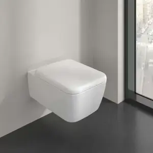 Imagine Vas WC suspendat 53x37cm, Villeroy&Boch SkylaTwist Flush rimless cu capac soft close, alb alpin