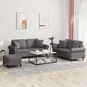 Imagine vidaXL Set de canapele cu perne, 3 piese, gri, piele ecologică
