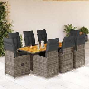 Imagine vidaXL Set bistro de grădină cu perne, 9 piese, gri, poliratan