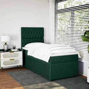 Imagine vidaXL Pat continental cu saltea, verde închis, 80x200 cm, catifea