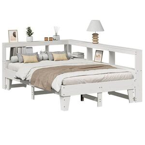 Imagine vidaXL Pat cu bibliotecă fără saltea, alb, 135x190 cm, lemn masiv pin