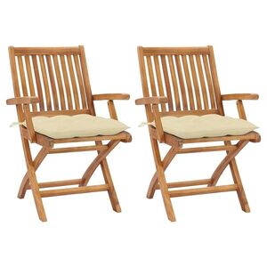 Imagine vidaXL Scaune pliante 2 buc cu perne albe crem din lemn masiv de tec