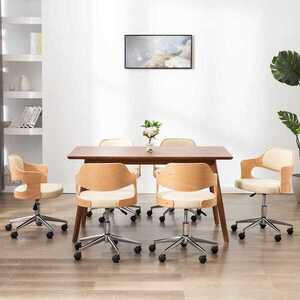 Imagine vidaXL Scaune pivotante de masă, 4 buc., crem, lemn curbat & piele eco