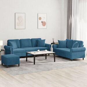 Imagine vidaXL Set de canapele cu perne, 3 piese, albastru, catifea