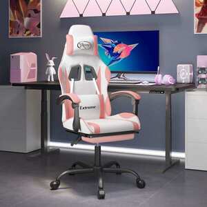 Imagine vidaXL Scaun de gaming cu suport picioare, alb/roz, piele ecologică