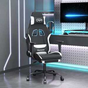 Imagine vidaXL Scaun de gaming cu masaj/suport picioare, negru și alb, textil