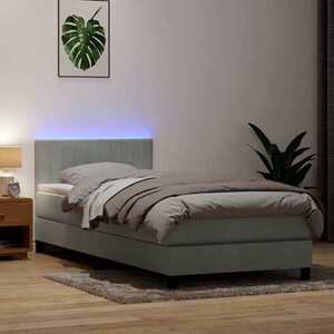 Imagine vidaXL Pat cu arcuri cu saltea și LED, gri deschis, 90x220 cm, catifea