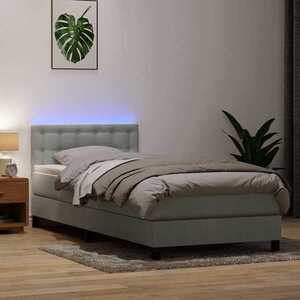 Imagine vidaXL Pat cu arcuri cu saltea și LED, gri deschis, 90x220 cm, catifea