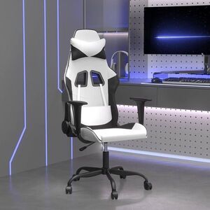 Imagine vidaXL Scaun de gaming de masaj, alb și negru, piele ecologică