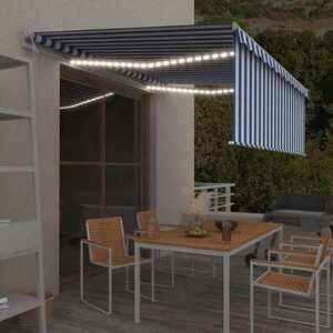 Imagine vidaXL Copertină automată cu stor&senzor vânt&LED, albastru&alb, 4x3 m