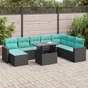 Imagine vidaXL Set mobilier grădină perne 9 piese negru poliratan/lemn acacia