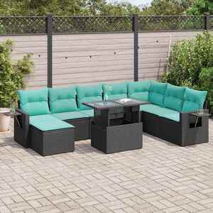 Imagine vidaXL Set mobilier grădină perne 9 piese negru poliratan/lemn acacia