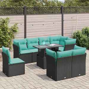 Imagine vidaXL Set mobilier grădină perne 9 piese negru poliratan/lemn acacia