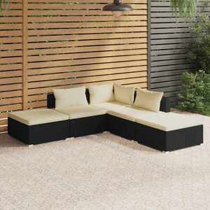 Imagine vidaXL Set mobilier de grădină cu perne, 5 piese, negru, poliratan