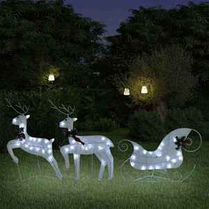 Imagine vidaXL Decor de Crăciun cu reni și sanie, 60 LED-uri, alb, exterior