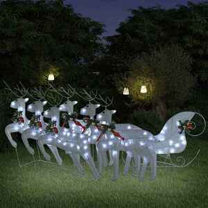 Imagine vidaXL Decor de Crăciun cu reni și sanie, 140 LED-uri, alb, exterior