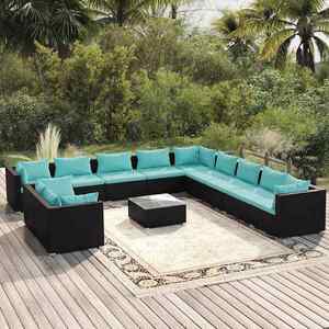 Imagine vidaXL Set mobilier de grădină cu perne, 12 piese, negru, poliratan