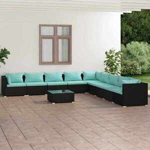 Imagine vidaXL Set mobilier de grădină cu perne, 10 piese, negru, poliratan