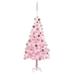 Imagine vidaXL Brad Crăciun pre-iluminat cu set globuri, roz, 150 cm, PVC