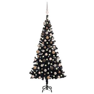 Imagine vidaXL Brad Crăciun pre-iluminat cu set globuri, negru, 180 cm, PVC
