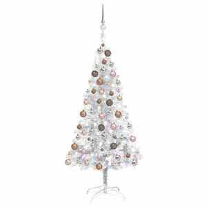 Imagine vidaXL Brad Crăciun pre-iluminat cu set globuri, argintiu, 120 cm, PET