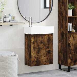 Imagine vidaXL Unitate de baie cu robinet Stejar fumuriu 45, 5 x 22, 5 x 84 cm